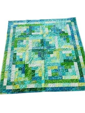 Handmade Batik Log Cabin Quilt 52x52 Blue Green Coastal Lap Quilt Wall Hanging